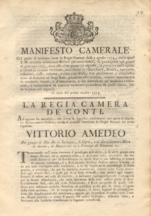 Manifesto Camerale col quale si rendono note le Regie Patenti …