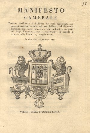 Manifesto camerale portante notificanza al Pubblico dei beni aggiudicati alle …