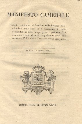 Manifesto camerale portante notificanza al Pubblico delle Sovrane determinazioni colle …
