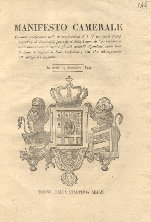 Manifesto Camerale portante notificanza delle determinazioni di S.M. per cui …