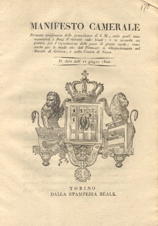 Manifesto camerale portante notificanza delle provvidenze di S. M., colle …