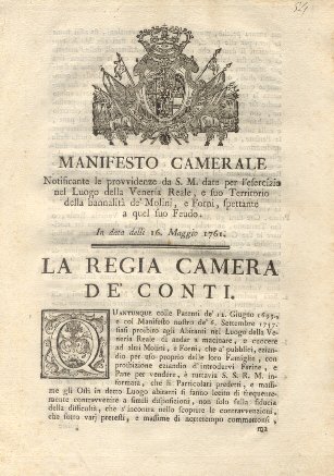 Manifesto Camerale riguardante le provvidenze da S. M. date per …