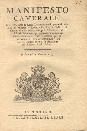 Manifesto Camerale riguardo circolazione dei biglietti di credito.24 gennaio 1757.