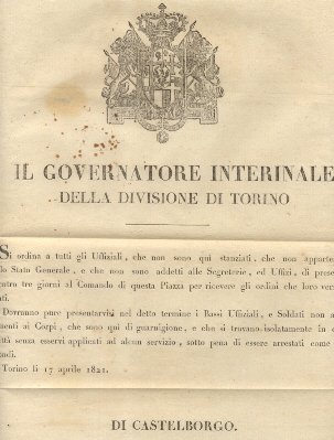 Manifesto col quale il Governatore Interinale della Divisione di Torino …