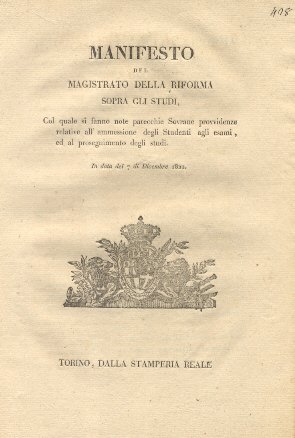 Manifesto del magistrato della Riforma sopra gli Studi, col quale …