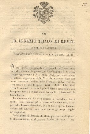 Manifesto di D. Ignazio Thaon di Revel col quale richiama …