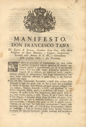 Manifesto di Don Francesco Tana circa la pubblica tranquillità.
