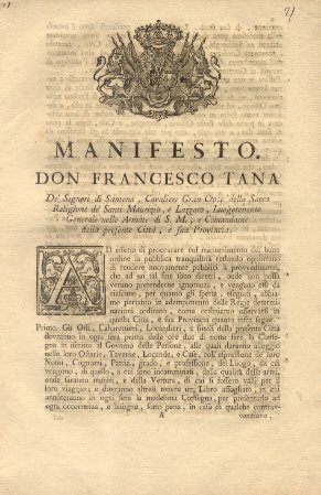 Manifesto di Don Francesco Tana circa la pubblica tranquillità.