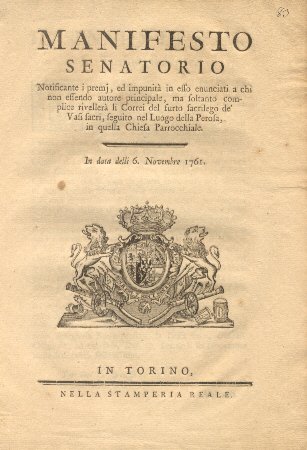 Manifesto Senatorio notificante i premj ed impunità in esso enunciati …