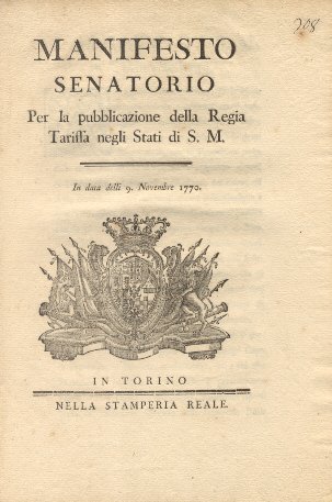 Manifesto Senatorio per la pubblicazione della Regia Tariffa negli Stati …