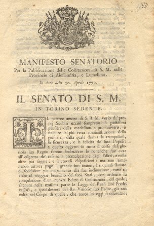Manifesto Senatorio riguardo la Pubblicazione delle Costituzioni di S.M.30 aprile …