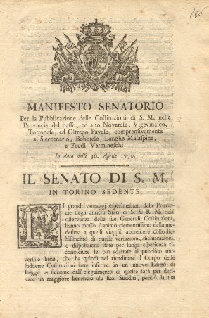 Manifesto Senatorio riguardo la Pubblicazione delle Generali Costituzioni.30 aprile 1770.