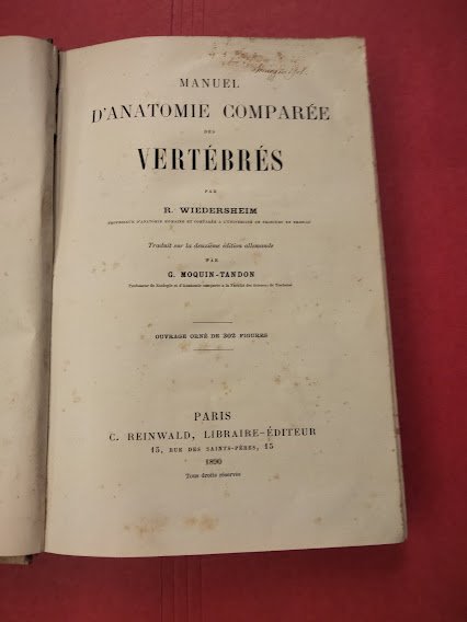 Manuel d'anatomie comparee des vertebres. Traduit par G.Moquin - Tandon.
