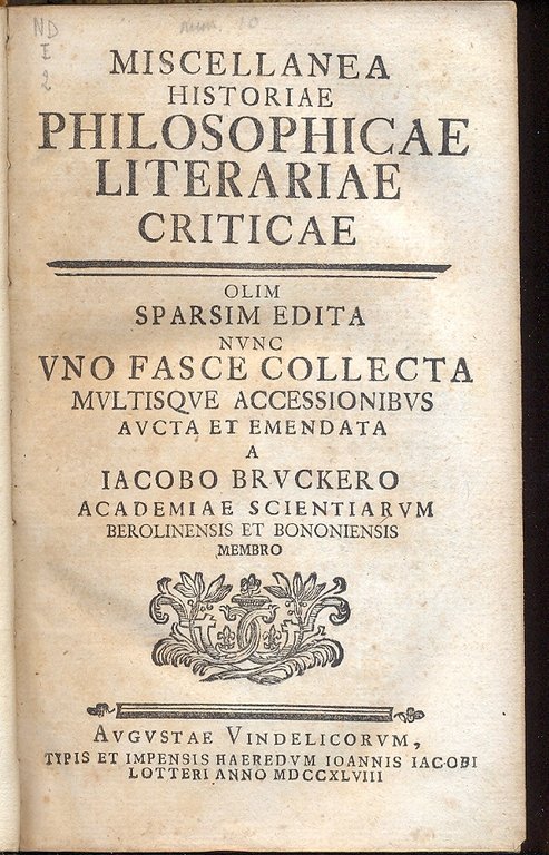 Miscellanea historiae philosophicae literariae criticae. Olim sparsim edita nunc uno …