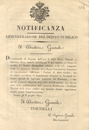 Notificanza del Direttore Generale dell'Amministrazione del Debito Pubblico con la …
