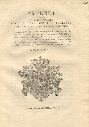 Patenti colle quali S. E. Thano di Revel Luogotenente Generale …