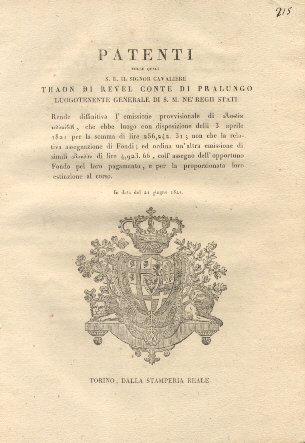 Patenti colle quali S. E. Thano di Revel Luogotenente Generale …