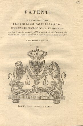 Patenti colle quali S. E. Thaon di Revel Luogotenente Generale …