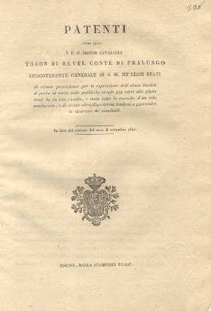 Patenti colle quali S. E. Thaon di Revel Luogotenente Generale …