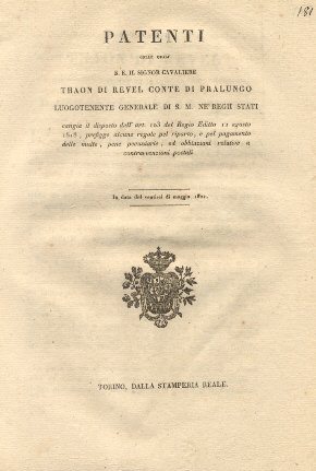 Patenti colle quali S. E. Thaon Di Revel Luogotenente Generale …