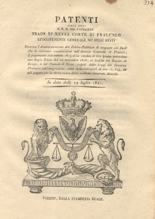 Patenti colle quali S. E. Thaon Di Revel Luogotenente Generale …