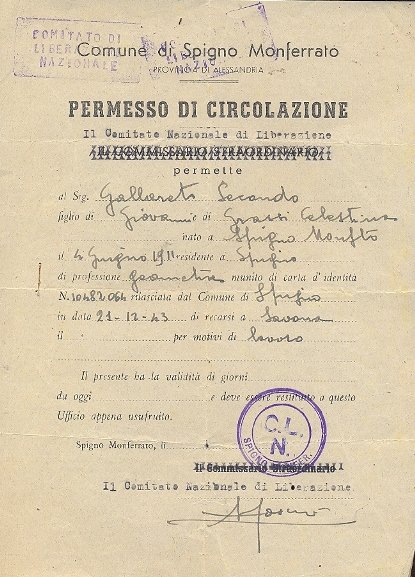 Permesso di circolazione . Comune di Spigno Monferrato.