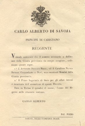 Provvedimenti di Carlo Alberto di Savoia, Reggente, col quale nomina …