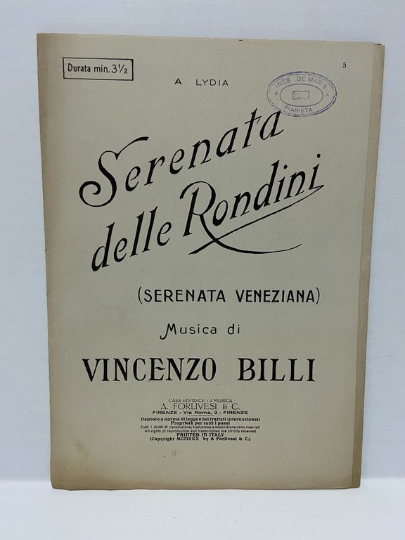 Spartito musicale Serenata delle rondini Serenata Veneziana Vincenzo Billi