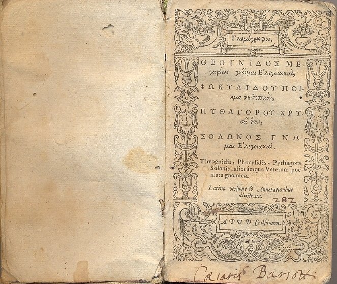 Theognidis, Phocylidis, Pythagora, Solinis, Theocriti, Simmia, Moschi, Bionis, Ausoni, aliorumque …