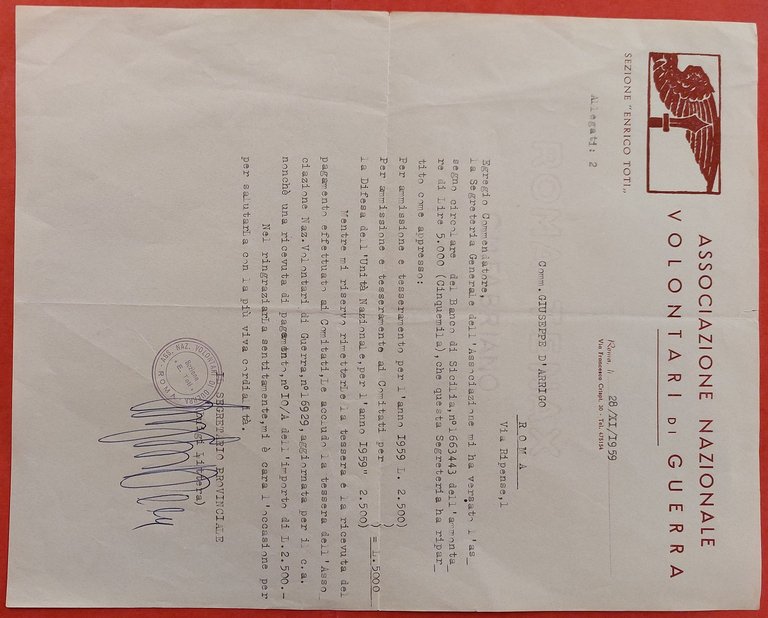 Varie lettere spedite dall'Associazione Nazionale Volontari di Guerra