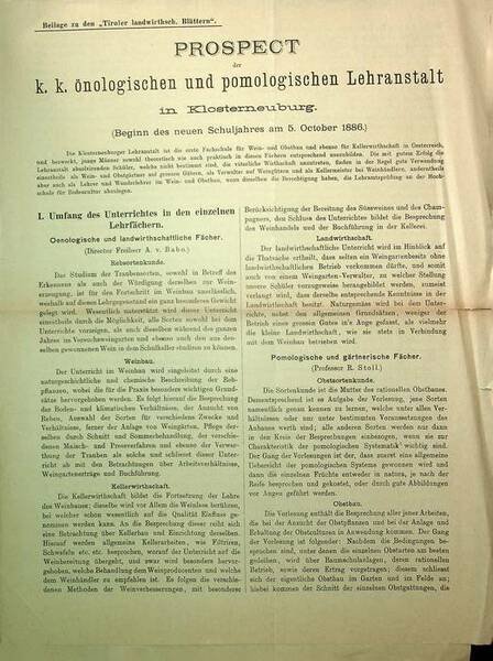Prospect der k.k. önologischen und pomologischen Lehranstalt in Klosterneuburg.