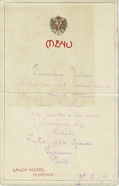 Menu Savoy Hotel - Florence.