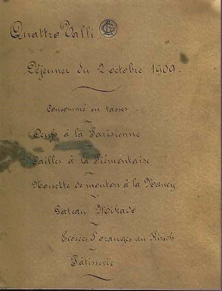 Quattro Valli, Dejeuner du 2 octobre 1909.