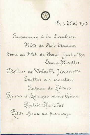 Menu le 4 mai 1913.