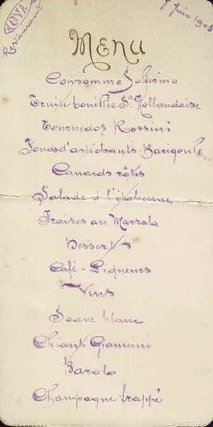 Menu Cova Restaurant, 7 juin 1905.