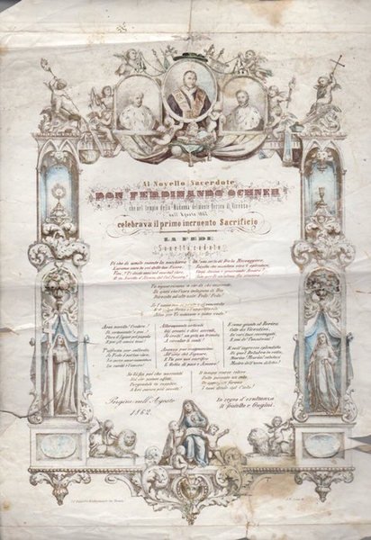 Al novello sacerdote Don Fernando Ochner che nel tempio della Madonna del Monte Berico di Vicenza nell'agosto 1862 celebrava il primo incruento Sacrificio.