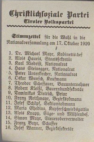 Christlichsoziale Partei: Tiroler Volkspartei. Stimmzettel fÃ¼r die Wahl in die …