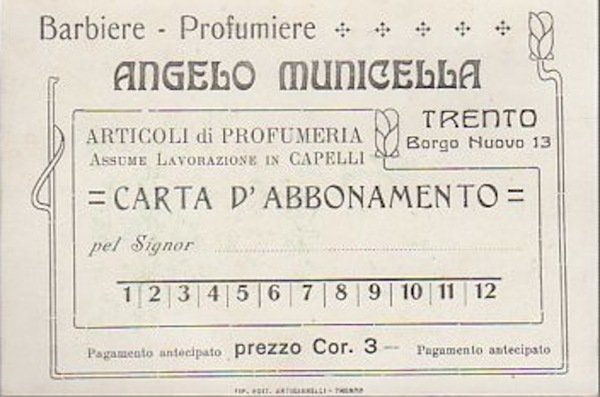 Angelo Municella: barbiere-profumiere: Trento: carta d'abbonamento.