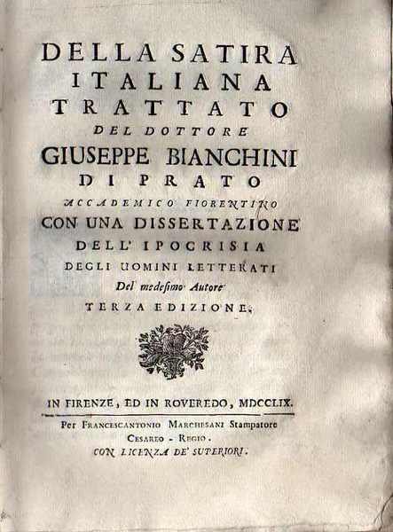 Della satira italiana trattato del dottore Giuseppe Bianchini di Prato …