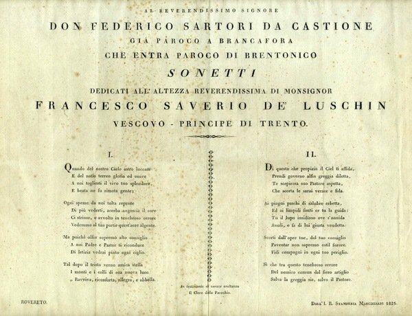 Al reverendissimo Signore Don Federico Sartori da Castione giÃ parroco …