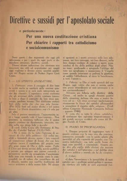 Direttive e sussidi per l'apostolato sociale e particolarmente per una …