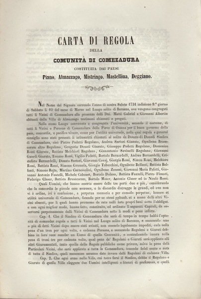 Carta di regola della Comunità di Comezadura costituita dai paesi …