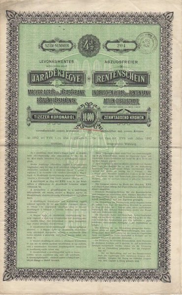 Rentschein ungarischen Agrar und Rentenbank Actien-Gesellschaft: 2000 koronarol: tizezer koronarol.