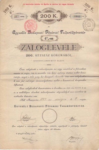 Egyesult Budapesti Fovarosi Fakarepenztar 4 1/2 % - os: Zaloglevele: …