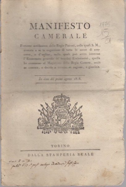 Manifesto camerale portante notificanza delle regie patenti, colle quali S.M., …