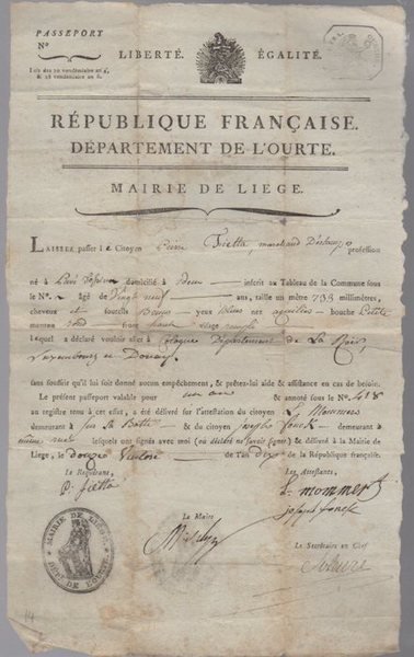 Passaporto del venditore di stampe tesino Pietro Fietta.
