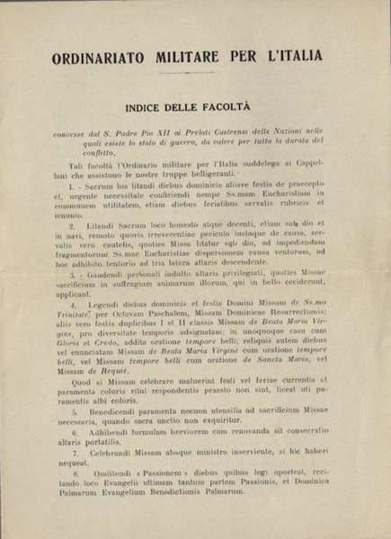 Ordinariato militare per l'Italia: indice delle facoltÃ concesse dal S. …