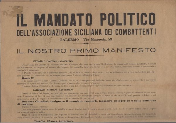 Il mandato politico dell'associazione siciliana dei combattenti: Palermo: il nostro primo manifesto.