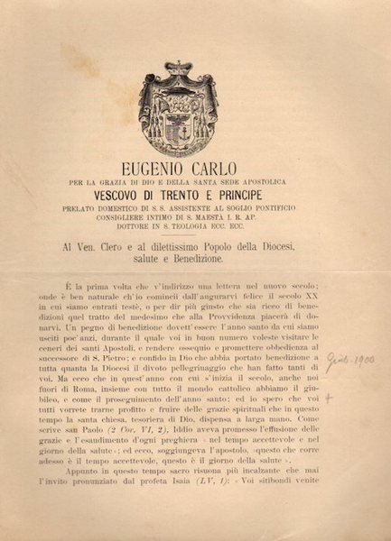 Eugenio Carlo per la grazia di Dio e della Santa …