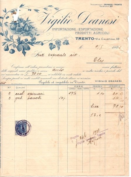 Vigilio Deanesi: importazione - esportazione prodotti agricoli.